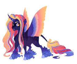 Size: 4300x3600 | Tagged: safe, artist:gigason, oc, oc only, oc:sundown palette, alicorn, pony, g4, adoptable, alicorn oc, blank flank, blaze (coat marking), blue coat, blue hooves, blue sclera, cloven hooves, coat markings, colored, colored eyebrows, colored hooves, colored horn, colored pinnae, colored sclera, colored wings, colored wingtips, countershading, curved horn, dappled, ethereal mane, ethereal wings, eyelashes, facial markings, fangs, female, female oc, fetlock tuft, flat colors, glowing, glowing mane, glowing tail, gradient fetlocks, gradient legs, gradient mane, gradient tail, gradient wings, gradient wingtips, high res, hooves, horn, leg markings, long eyelashes, long mane, long tail, looking back, magical lesbian spawn, mare, mare oc, multicolored mane, multicolored tail, multicolored wings, obtrusive watermark, offspring, orange eyes, parent:luster dawn, parent:nightmare moon, simple background, slit pupils, smiling, socks (coat markings), solo, sparkles, sparkly mane, sparkly tail, spread wings, standing, starry mane, starry tail, striped horn, tail, three quarter view, transparent background, unshorn fetlocks, watermark, wings