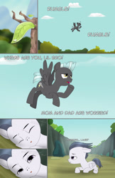 Size: 1989x3072 | Tagged: safe, artist:anonymousandrei, derpibooru exclusive, rumble, thunderlane, pegasus, pony, comic:rumble and the tree of harmony, g4, brothers, colt, comic, everfree forest, flying, foal, male, outdoors, ravine, siblings, stallion