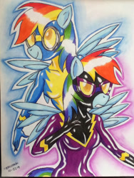 Size: 720x960 | Tagged: safe, artist:emichaca, rainbow dash, pegasus, anthro, g4, clothes, costume, duality, female, nightmare night costume, pencil drawing, self paradox, self ponidox, shadowbolt dash, shadowbolts, shadowbolts costume, solo, traditional art, uniform, wonderbolts, wonderbolts uniform