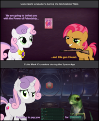 Size: 1940x2378 | Tagged: safe, artist:brony-works, artist:mustaphatr, artist:starcollider, babs seed, sweetie belle, earth pony, gecko, pony, unicorn, g4, alternate coat color, alternate eye color, and this gun i found, cmc world conquest timeline, cutie mark crusaders patch, element of generosity, gun, hearts of iron 4, horn, meme, older, older sweetie belle, prikki, rifle, stellaris, text, weapon