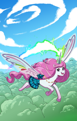 Size: 2177x3412 | Tagged: artist needed, safe, alicorn, pony, barely pony related, blast, butterfly wings, cleo (melowy), cloud, concave belly, female, forest, jewelry, looking at you, magic, magic aura, magic blast, mare, medallion, melowy, nature, necklace, outdoors, rainbow, sky, slender, smiling, smiling at you, solo, thin, tree, wings