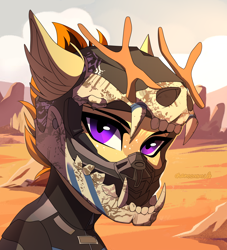 Size: 3000x3300 | Tagged: safe, artist:chamommile, oc, oc only, deer, pony, unicorn, ammunition, brony, bust, clothes, commission, craft, desert, helmet, horn, horns, looking at you, motocross outfit, motorcycle helmet, motorcyclist, night, outdoors, portrait, purple eyes, sai, scenery, sculpture, solo, tree, unicorn oc, ych result, yellow skin