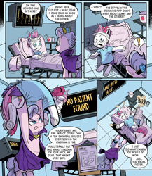 Size: 712x819 | Tagged: safe, idw, official comic, queen haven, zipp storm, pegasus, pony, g5, my little pony: the storm of zephyr heights, the storm of zephyr heights #3, spoiler:comic, spoiler:g5, spoiler:g5comic, bandage, bed, clothes, comic, crown, duo, female, hospital, hospital bed, indoors, jewelry, lifting, mother and child, mother and daughter, mothers gonna mother, regalia, tongue out