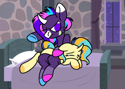 Size: 946x677 | Tagged: safe, artist:opalitexyz, oc, oc only, oc:opalite spirit, pony, unicorn, aunt and niece, bandage, female, filly, foal, horn, punishment, spanking