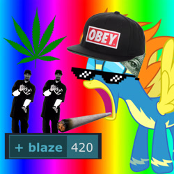 Size: 3464x3464 | Tagged: safe, anonymous editor, artist:landmark520, blaze, pegasus, pony, derpibooru, g4, 1000 hours in picsart, 420, 420 blaze it, blunt, clothes, cropped, drugs, illuminati, marijuana, meta, mlg, obey, open mouth, rainbow background, snapback, snoop dogg, sunglasses, swag glasses, uniform, wonderbolts uniform