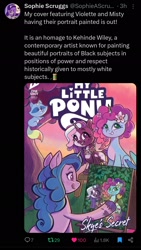 Size: 1080x1910 | Tagged: safe, artist:sophie scruggs, idw, izzy moonbow, misty brightdawn, violette rainbow, pony, raccoon, raccoonicorn, unicorn, g5, my little pony: skye's secret, :p, comic, comic cover, cover, cover art, description is relevant, dreadlocks, female, filly, floral necklace, flower, flower in hair, foal, hoof hold, horn, mare, meta, paintbrush, painting, painting characters, rebirth misty, social media, tongue out, twitter, vitiligo