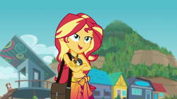 Size: 1920x1080 | Tagged: safe, screencap, sunset shimmer, human, equestria girls, equestria girls specials, g4, my little pony equestria girls: forgotten friendship, bag, bare shoulders, beach, belly, belly button, bikini, bikini top, clothes, crossed arms, female, geode of empathy, handbag, jewelry, leather, leather bikini, lidded eyes, magical geodes, midriff, necklace, open mouth, open smile, outdoors, sarong, sky, sleeveless, smiling, solo, sunset shimmer's beach shorts swimsuit, swimsuit, wrist cuff