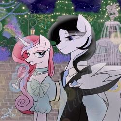 Size: 2048x2048 | Tagged: safe, artist:violetbluelinan, oc, oc only, oc:azurite, oc:violetta, pegasus, pony, unicorn, alcohol, bush, clothes, couple, date, dress, female, flirting, fountain, garden, gem, glass, gown, horn, male, night, outdoors, smiling, suit, wine, wine glass