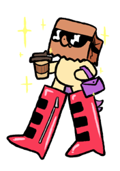 Size: 600x850 | Tagged: safe, artist:paperbagpony, oc, oc:paper bag, bag, boots, chibi, coffee, handbag, palindrome get, shoes, simple background, sparkles, sunglasses, walking, white background