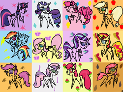 Size: 1600x1198 | Tagged: safe, artist:rai2n, apple bloom, applejack, babs seed, fluttershy, pinkie pie, rainbow dash, rarity, scootaloo, starlight glimmer, sunset shimmer, sweetie belle, twilight sparkle, alicorn, earth pony, pegasus, pony, unicorn, g4, cutie mark crusaders, female, filly, foal, group, horn, mane six, mare, pointy ponies, twilight sparkle (alicorn)