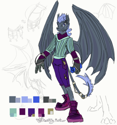 Size: 1513x1618 | Tagged: safe, artist:destiny_manticor, oc, oc only, oc:warten samitelas, bat pony, plantigrade anthro, semi-anthro, blueprint, clothes, color palette, gray body, headset mic, jewelry, leonine tail, paws, reference sheet, robotic arm, shoes, simple background, sneakers, solo, tail, tail jewelry