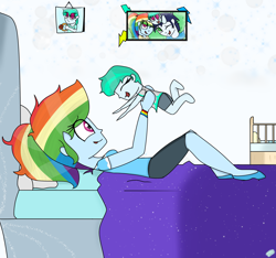 Size: 1600x1500 | Tagged: safe, artist:rai2n, rainbow dash, soarin', oc, unnamed oc, human, equestria girls, g4, baby, bed, clothes, crib, eyes closed, female, holding, indoors, lying down, male, mother, mother and child, mother and daughter, offspring, parent:rainbow dash, parent:soarin', parents:soarindash, photo, ponytail, request, ship:soarindash, shipping, shirt, shoes, shorts, smiling, straight