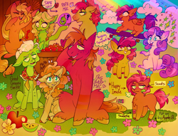 Size: 1967x1500 | Tagged: safe, artist:ayyolilikoi, apple bloom, applejack, babs seed, big macintosh, bright mac, granny smith, pear butter, scootaloo, sweetie belle, earth pony, pony, g4, apple, apple family, band-aid, biting pear of salamanca, chest fluff, cutie mark crusaders, female, filly, flower, foal, food, male, mare, mother and child, mother and son, outdoors, skateboard, stallion, tongue out, young granny smith, younger