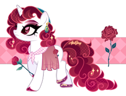 Size: 1700x1294 | Tagged: safe, artist:afterglory, oc, oc only, pony, unicorn, adoptable, adoptable open, beauty mark, clothes, colored eyebrows, colored hooves, colored pupils, curly mane, curly tail, ear piercing, ethereal mane, ethereal tail, eyelashes, eyeshadow, female, female oc, flower, for sale, frown, glowing, glowing mane, glowing tail, halftone, head scarf, hoof hold, hoof shoes, hooves, horn, makeup, mare, mare oc, maroon eyes, neckerchief, partially transparent background, piercing, profile, raised hoof, raised leg, red eyes, red eyeshadow, red hooves, red mane, red pupils, red tail, rose, sash, scarf, shiny hooves, shiny mane, shiny tail, signature, solo, sparkles, sparkly mane, sparkly tail, standing on two hooves, tail, thick eyelashes, unicorn oc, white coat