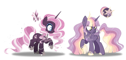 Size: 1280x612 | Tagged: safe, artist:dixieadopts, oc, oc only, oc:dreamweaver bloom, oc:prismatic spell, alicorn, pony, unicorn, adoptable, alicorn oc, blue eyeshadow, blue pupils, bracelet, colored hooves, colored pupils, colored wings, colored wingtips, duo, duo female, ear piercing, earring, ethereal mane, ethereal tail, eye clipping through hair, eyeshadow, female, folded wings, glowing, glowing mane, glowing tail, hoof shoes, hooves, horn, jewelry, long horn, magical lesbian spawn, makeup, mare, necklace, not twilight sparkle, offspring, parent:fluttershy, parent:rainbow dash, parent:rarity, parent:twilight sparkle, parents:flarity, parents:twidash, peytral, piercing, purple eyeshadow, raised hoof, simple background, smiling, sparkles, sparkly mane, sparkly tail, standing on two hooves, tail, tiara, transparent background, turned head, unicorn oc, wings, yellow eyes