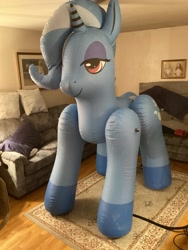 Size: 2448x3264 | Tagged: safe, artist:tbolt, trixie, inflatable pony, pony, g4, bootleg, carpet, colored hooves, couch, eyeshadow, female, framed picture, hongyi, hooves, indoors, inflatable, inflatable unicorn, inflation valve, irl, lidded eyes, makeup, mare, opaque inflatable, photo, seams, solo, standing