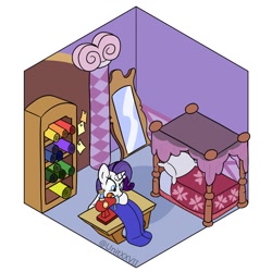 Size: 1100x1100 | Tagged: safe, artist:unitxxvii, part of a set, rarity, pony, unicorn, g4, bed, bedroom, fabric, fashion horse, female, high angle, horn, indoors, isometric, mare, rarity's bedroom, sewing, sewing machine, solo