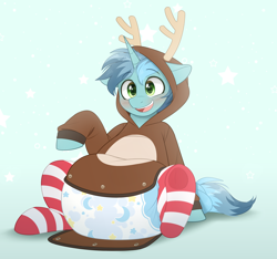 Size: 3000x2805 | Tagged: safe, oc, oc:minty breeze, pony, unicorn, abdl, adult foal, blushing, clothes, commission, costume, diaper, horn, kigurumi, male, multicolored hair, non-baby in diaper, onesie, open mouth, open smile, patterned background, poofy diaper, shy, smiling, socks, solo, stallion