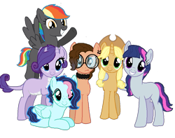 Size: 837x658 | Tagged: safe, artist:wolfieslilponies, oc, oc only, dracony, earth pony, hybrid, pegasus, pony, unicorn, applejack's hat, base used, choker, cowboy hat, freckles, glasses, grin, hat, horn, horns, interspecies offspring, looking at you, multicolored hair, next generation, offspring, parent:applejack, parent:cheese sandwich, parent:fluttershy, parent:pinkie pie, parent:rainbow dash, parent:rarity, parent:soarin', parent:spike, parent:thunderlane, parent:twilight sparkle, parent:unknown, parents:cheesepie, parents:soarinshy, parents:sparity, parents:thunderdash, pigtails, rainbow hair, simple background, smiling, smiling at you, transparent background