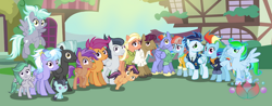 Size: 750x295 | Tagged: safe, artist:sealilyan, bow hothoof, cloudchaser, mane allgood, rainbow dash, rumble, scootaloo, snap shutter, soarin', thunderlane, windy whistles, oc, oc:cloud wings, oc:fastwings, oc:little storm, oc:loopy, oc:northern light, oc:starrings, earth pony, pegasus, pony, g4, my little pony: friendship is magic, female, foal, male, mare, offspring, older, older rainbow dash, older rumble, older scootaloo, older soarin', older soarindash, outdoors, parent:cloudchaser, parent:rainbow dash, parent:rumble, parent:scootaloo, parent:soarin', parent:thunderlane, parents:rumbloo, parents:soarindash, parents:thunderchaser, ship:rumbloo, ship:soarindash, ship:thunderchaser, shipping, stallion, straight