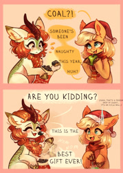 Size: 2046x2855 | Tagged: safe, artist:polnocnykot, applejack, autumn blaze, earth pony, kirin, pony, g4, 2 panel comic, apple, awwtumn blaze, christmas, christmas stocking, clothes, cloven hooves, coal, comic, cute, dialogue, duo, duo female, ear fluff, eating, emanata, eyes closed, female, food, freckles, happy, happy new year, hat, holiday, hooves, horn, icicle, jackabetes, kirins doing kirin things, merry christmas, nom, open mouth, open smile, present, raised hoof, santa hat, scarf, shocked, shoulder fluff, shoulder freckles, smiling, sock, speech bubble, sweat, sweatdrop, talking, text, unshorn fetlocks, winter, winter outfit