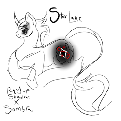 Size: 1280x1280 | Tagged: artist needed, source needed, safe, king sombra, pony of shadows, stygian, oc, oc:starlane, unicorn, g4, curved horn, ear fluff, female, horn, interspecies offspring, librarian, mare, offspring, parent:king sombra, parent:pony of shadows, roached mane, simple background, star cutiemark, white background