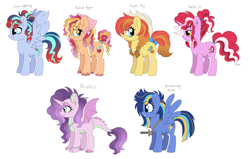 Size: 2650x1684 | Tagged: safe, artist:unoriginai, oc, oc only, oc:baked apple, oc:chain lightning, oc:halve-it, oc:priceless, oc:shimmering blade, dracony, earth pony, hybrid, pegasus, pony, unicorn, adoptable, bandana, blue eyes, blush lines, blushing, bow, bracelet, braid, braided pigtails, bucktooth, cloven hooves, colored belly, colored hooves, colored pinnae, cowboy hat, cute, cute little fangs, cyan eyes, dreadlocks, ear piercing, earring, earth pony oc, eyebrow piercing, eyebrows, eyebrows visible through hair, eyeshadow, fangs, female, female oc, freckles, frown, golden eyes, gradient mane, gradient tail, green eyes, hair bun, hat, headkerchief, hooves, horn, interspecies offspring, jewelry, lidded eyes, makeup, mare, multicolored hair, necklace, offspring, parent:applejack, parent:big macintosh, parent:caramel, parent:flash sentry, parent:fluttershy, parent:pinkie pie, parent:pokey pierce, parent:rainbow dash, parent:rarity, parent:soarin', parent:spike, parent:twilight sparkle, parents:carajack, parents:flashlight, parents:fluttermac, parents:pokeypie, parents:soarindash, parents:sparity, pearl necklace, pegasus oc, piercing, pigtails, ponytail, round ears, scabbard, shiny hooves, simple background, slit pupils, spread wings, standing, striped mane, sugar pop, sword, tail, tail bow, tail tie, tail wrap, tongue out, unicorn oc, unshorn fetlocks, weapon, white background, wings