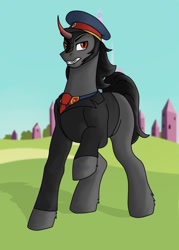 Size: 1320x1840 | Tagged: safe, king sombra, pony, umbrum, unicorn, equestria at war mod, g4, black mane, city, clothes, communism, crystal empire, horn, male, military uniform, necktie, outdoors, red eyes, red horn, solo, stallion, uniform