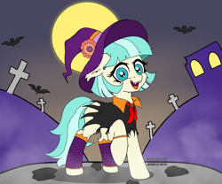 Size: 3042x2525 | Tagged: safe, artist:angeldusk17, artist:wojtek-ツ, derpibooru exclusive, coco pommel, bat, earth pony, pony, mlp fim's fourteenth anniversary, g4, clothes, collaboration, colored, eager, fangs, female, flat colors, gravestone, high res, looking at you, mare, mist, moon, open mouth, outdoors, signature, standing, stockings, thigh highs, witch costume