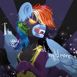 Size: 2500x2500 | Tagged: safe, artist:medkit, rainbow dash, pegasus, pony, mlp fim's fourteenth anniversary, g4, blue coat, clothes, colored ear fluff, colored lineart, colored sketch, costume, ear cleavage, ear fluff, english, fanart, fangs, feathered wings, female, glasses, half body, halloween, halloween costume, heart ears, heart shaped, high res, holiday, latex, latex suit, licking, licking lips, lightly watermarked, mare, multicolored hair, multicolored mane, nightmare night, nightmare night costume, open mouth, paint tool sai 2, partially open wings, particles, rainbow, rainbow hair, raised head, raised hoof, scotch tape, shading, shadowbolt dash, shadowbolts, shadowbolts costume, shadowbolts uniform, short mane, signature, simple background, sketch, solo, speedpaint, speedpaint available, sternocleidomastoid, teeth, text, three quarter view, tongue out, wall of tags, watermark, wing fluff, wings