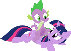 Size: 3471x2495 | Tagged: safe, artist:porygon2z, spike, twilight sparkle, dragon, pony, unicorn, g4, amused, best friends, dragons riding ponies, duo, duo male and female, female, full body, high res, horn, looking at each other, looking at someone, lying down, male, mare, prone, riding, riding a pony, sheepish grin, simple background, sitting on person, sitting on pony, smiling, smiling at each other, spike riding twilight, transparent background, unicorn twilight, vector, wingless spike