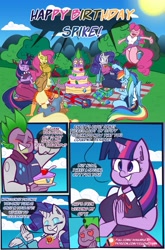 Size: 2697x4096 | Tagged: safe, artist:yellowcyann, applejack, fluttershy, pinkie pie, rainbow dash, rarity, spike, twilight sparkle, dragon, earth pony, pegasus, unicorn, anthro, comic:rarity's gift, g4, breasts, cake, comic, fire ruby, food, gem, heart, heart eyes, horn, mane seven, mane six, outdoors, ruby, wingding eyes