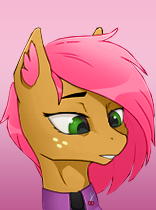 Size: 156x210 | Tagged: safe, artist:callsign-echo, artist:mustaphatr, edit, babs seed, earth pony, pony, equestria at war mod, g4, bust, clothes, cmc world conquest timeline, ear fluff, freckles, gradient background, necktie, older, older babs seed, picture for breezies, portrait, scissors, solo