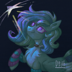 Size: 1440x1440 | Tagged: safe, artist:druf, artist:druf_draws, minty, oc, oc only, pegasus, pony, g3, art raffle, blue background, chest fluff, clothes, collar, curvy, eyelashes, half body, looking left, meta, mint hair, purple eyes, rainbow, raised hoof, signature, simple background, socks, solo, square, stars, stockings, striped socks, thigh highs, twitter