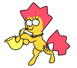 Size: 1377x1230 | Tagged: safe, artist:janegumball, earth pony, pony, alternate universe, bipedal, colored, doodle, eyelashes, flat colors, hoof hold, jewelry, lisa simpson, looking up, musical instrument, necklace, no catchlights, pearl necklace, pink mane, pink tail, ponified, ponyville ciderfest, ponyville ciderfest 2024, requested art, saxophone, short mane, simple background, smiling, spiky mane, spiky tail, standing, tail, the simpsons, three quarter view, white background, yellow coat