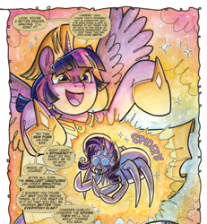 Size: 1988x2152 | Tagged: safe, artist:natalie haines, idw, rarity, twilight sparkle, alicorn, pony, spider, g4, my little pony classics reimagined: the odyssey, spoiler:comic, athena, breaking the fourth wall, clothes, cropped, evil smile, female, goddess, greek, greek clothes, greek mythology, helmet, hoof shoes, horn, mare, onomatopoeia, punishment, rarirachnid, smiling, species swap, spread wings, transformation, twilight sparkle (alicorn), wings