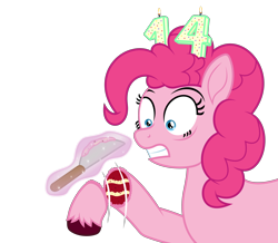 Size: 5200x4540 | Tagged: safe, alternate version, artist:moonlight bloom, derpibooru exclusive, pinkie pie, earth pony, food pony, pony, mlp fim's fourteenth anniversary, g4, absurd resolution, cake, candle, candy gore, everything is cake, eyebrows, female, fire, food, frosting, gore, gritted teeth, hooves, implied trixie, knife, levitation, looking at something, magic, magic aura, mare, offscreen character, ponified, red velvet cake, severed hoof, shocked, simple background, solo, teeth, telekinesis, textless, textless version, transparent background, unshorn fetlocks, vector, wide eyes