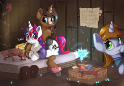 Size: 8500x5956 | Tagged: safe, artist:appleneedle, oc, oc only, oc:littlepip, oc:snowi, oc:strawberry cocoa (the coco clan), monster pony, pony, unicorn, comic:littlepip and snowi and female strawberry cocoa 0, fallout equestria, 2024, :3, absurd resolution, amused, anklet, bag, bed, bedsheets, behaving like a cat, blaze (coat marking), blue eyes, box, brown coat, brown mane, brown tail, bushy mane, canned food, castle, catchlights, chest fluff, clothes, coat markings, commission, commissioner:rautamiekka, context in the comments, crepuscular rays, cute, detailed background, digital art, ears, ears up, english, eyebrows, eyelashes, eyes open, facial markings, female, female oc, floating heart, fur collar, furnished, gray hooves, green eyes, happy, heart, hoof on head, hoof over mouth, hooves, horn, indoors, jacket, jewelry, jumpsuit, legs together, looking at each other, looking at someone, looking down, looking up, lying down, lying on pony, lying on top of someone, mane, map, mare, mare oc, mole rat, mushroom, ocbetes, onomatopoeia, open mouth, open smile, petting, plant, pony oc, purring, quadrupedal, red eyes, red mane, red tail, saddle bag, segmented tail, shading, shadows, short mane, signature, silly, silly pony, sitting, smiling, soft shading, tail, taxidermy, teeth, text, three quarter view, trio, trio female, two toned coat, two toned mane, two toned tail, unicorn oc, unshorn fetlocks, vault suit, white coat