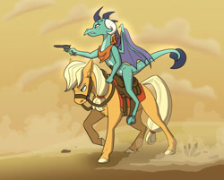 Size: 1496x1200 | Tagged: safe, artist:mushroompone, applejack, princess ember, dragon, earth pony, pony, g4, angry, bag, bridle, clothes, desert, dragons riding ponies, duo, duo female, ember riding applejack, female, gun, handgun, looking left, neckerchief, outdoors, pistol, reins, revolver, riding, riding a pony, saddle, saddle bag, scarf, stirrups, tack, weapon, wings