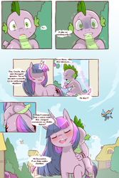 Size: 960x1440 | Tagged: safe, artist:cold-blooded-twilight translation, edit, berry punch, berryshine, derpy hooves, rainbow dash, spike, twilight sparkle, dragon, pegasus, pony, unicorn, cold blooded twilight, comic:cold storm (ru), g4, blushing, both cutie marks, butt, comic, crying, cyrillic, dialogue, dragons riding ponies, horn, lifting, magic, onomatopoeia, outdoors, plot, pomf, riding, riding a pony, russian, shrunken pupils, speech bubble, spike riding twilight, teary eyes, translation, translator:agent00k0t, unicorn twilight