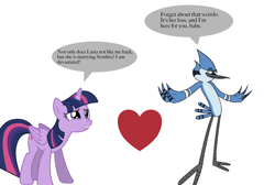 Size: 1901x1276 | Tagged: artist needed, source needed, safe, twilight sparkle, alicorn, g4, crossover, crossover shipping, crying, female, heart, heartbreak, male, mordecai, regular show, ship:mordetwi, shipping, simple background, smiling, smirk, straight, twilight sparkle (alicorn), white background