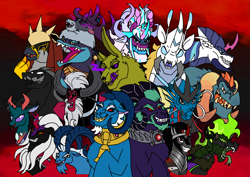 Size: 1414x1000 | Tagged: safe, artist:melspyrose, artist:zetikoopa, ahuizotl, dragon lord torch, grogar, king sombra, lord tirek, opaline arcana, pharynx, pony of shadows, prince blueblood, shining armor, storm king, stronghoof hoofstrong (tfh), oc, oc:bass thunder, oc:dark havok, oc:draven la fay/no heart, oc:khalfani, oc:phantom infinite, ahuizotl (species), centaur, changedling, changeling, deer, dragon, goat, griffon, hybrid, kirin, longma, rabbit, reindeer, shadow pony, sheep, siren, storm creature, umbrum, unicorn, taur, them's fightin' herds, g4, g5, alexandrite arcane, animal, antagonist, community related, female to male, horn, kirin oc, male, male siren, monster prince blueblood, monster shining armor, prince pharynx, ram, rule 63, species swap, springtrap, stallion