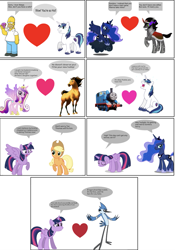 Size: 969x1381 | Tagged: safe, applejack, king sombra, princess cadance, princess luna, shining armor, twilight sparkle, alicorn, bird, blue jay, earth pony, horse, human, pony, unicorn, anthro, g4, 1000 hours in ms paint, bisexual, comic, crossover, crossover shipping, crying, crying armor, donut, female, food, gay, heart, homer simpson, horn, infidelity, infidelity armor, lesbian, male, mordecai, not japanese reading order, not salmon, princess cheatdance, regular show, shipping, simple background, speech bubble, spirit (spirit: stallion of the cimarron), spirit: stallion of the cimarron, straight, the simpsons, thomas the tank engine, twilight sparkle (alicorn), wat, white background