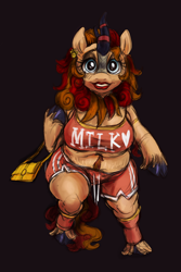 Size: 2986x4460 | Tagged: safe, artist:gothicgalaxies, oc, oc:pixel cache, kirin, anthro, ankle cuffs, bag, belly, bra, chubby, clothes, cuffs, fat, female, handbag, happy, hooves, jewelry, kirin oc, lipstick, looking at you, mare, milf, obese, rule 63, shorts, simple background, smiling, smiling at you, solo, stretchmarks, underwear, walking