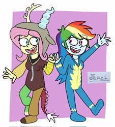 Size: 1852x2048 | Tagged: safe, artist:garybaldor, fluttershy, rainbow dash, human, equestria girls, g4, clothes, costume, discord costume, duo, duo female, female, implied discord, kigurumi, lesbian, open mouth, open smile, passepartout, raised leg, ship:flutterdash, shipping, signature, smiling, uniform, wonderbolts uniform