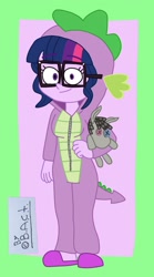 Size: 1158x2080 | Tagged: safe, artist:garybaldor, sci-twi, smarty pants, twilight sparkle, human, equestria girls, g4, clothes, costume, cute, dragon costume, female, glasses, implied spike, kigurumi, looking at you, onesie, pajamas, plushie, sci-twiabetes, signature, slippers, smiling, solo, twiabetes