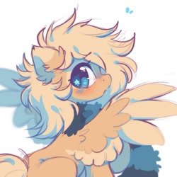 Size: 705x705 | Tagged: safe, artist:mirtash, oc, oc only, oc:mirta whoowlms, pegasus, pony, blonde mane, blonde tail, blue eyes, blue pupils, blush lines, blushing, clothes, colored eartips, colored pupils, colored wings, colored wingtips, ear fluff, emanata, eye markings, eyelashes, facial markings, female, female oc, fluffy, fluffy mane, looking back, mare, mare oc, open mouth, pegasus oc, plewds, ponysona, profile, scarf, shiny eyes, solo, spread wings, starry eyes, striped scarf, tail, two toned wings, wing fluff, wingding eyes, wings, yellow coat, yellow wingtips