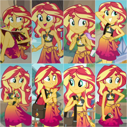 Size: 600x600 | Tagged: safe, artist:frankcrazy16, edit, edited screencap, screencap, sci-twi, sunset shimmer, twilight sparkle, human, equestria girls, equestria girls specials, g4, my little pony equestria girls: better together, my little pony equestria girls: forgotten friendship, unsolved selfie mysteries, x marks the spot, bag, bare shoulders, belly, belly button, bikini, bikini top, clothes, collaboration, collage, cute, food, geode of empathy, hand on shoulder, hand on wrist, handbag, journal, leather, leather bikini, magical geodes, offscreen character, sarong, shimmerbetes, skirt, sleeveless, sunset shimmer's beach shorts swimsuit, sushi, sushi cone, swimsuit, wrist cuff