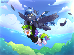 Size: 3500x2596 | Tagged: safe, artist:seurnik, oc, oc only, oc:pixi feather, pegasus, pony, unicorn, choker, clothes, cloud, feather, flying, forest, glasses, hoodie, horn, nature, ocean, open mouth, outdoors, piercing, scarf, smiling, socks, spread wings, striped socks, tree, water, wings