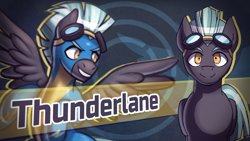 Size: 1920x1080 | Tagged: safe, artist:bkiltersot, derpibooru exclusive, thunderlane, pegasus, pony, g4, clothes, danganronpa, front view, goggles, male, stallion, style emulation, text, uniform, wonderbolts uniform